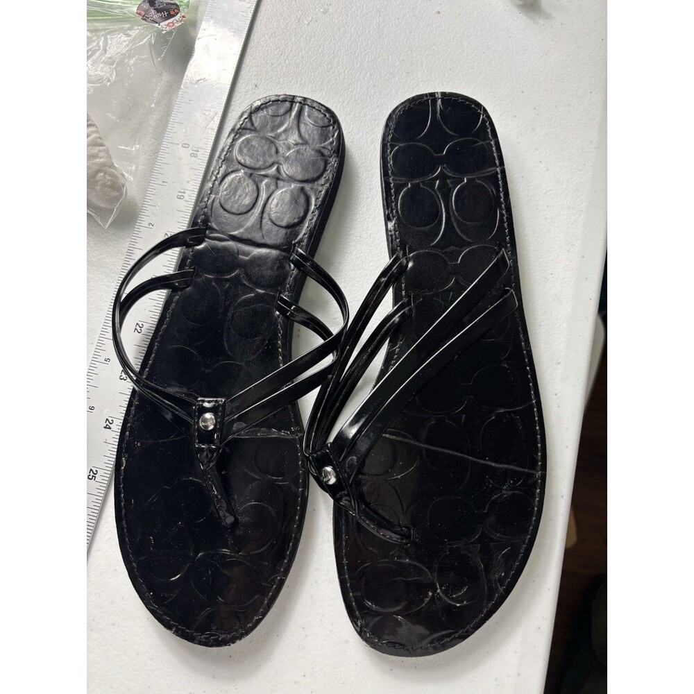 Coach Juney Black Leather Slip-On Flat Flip Flop Thong Sandals Women's Sz 9